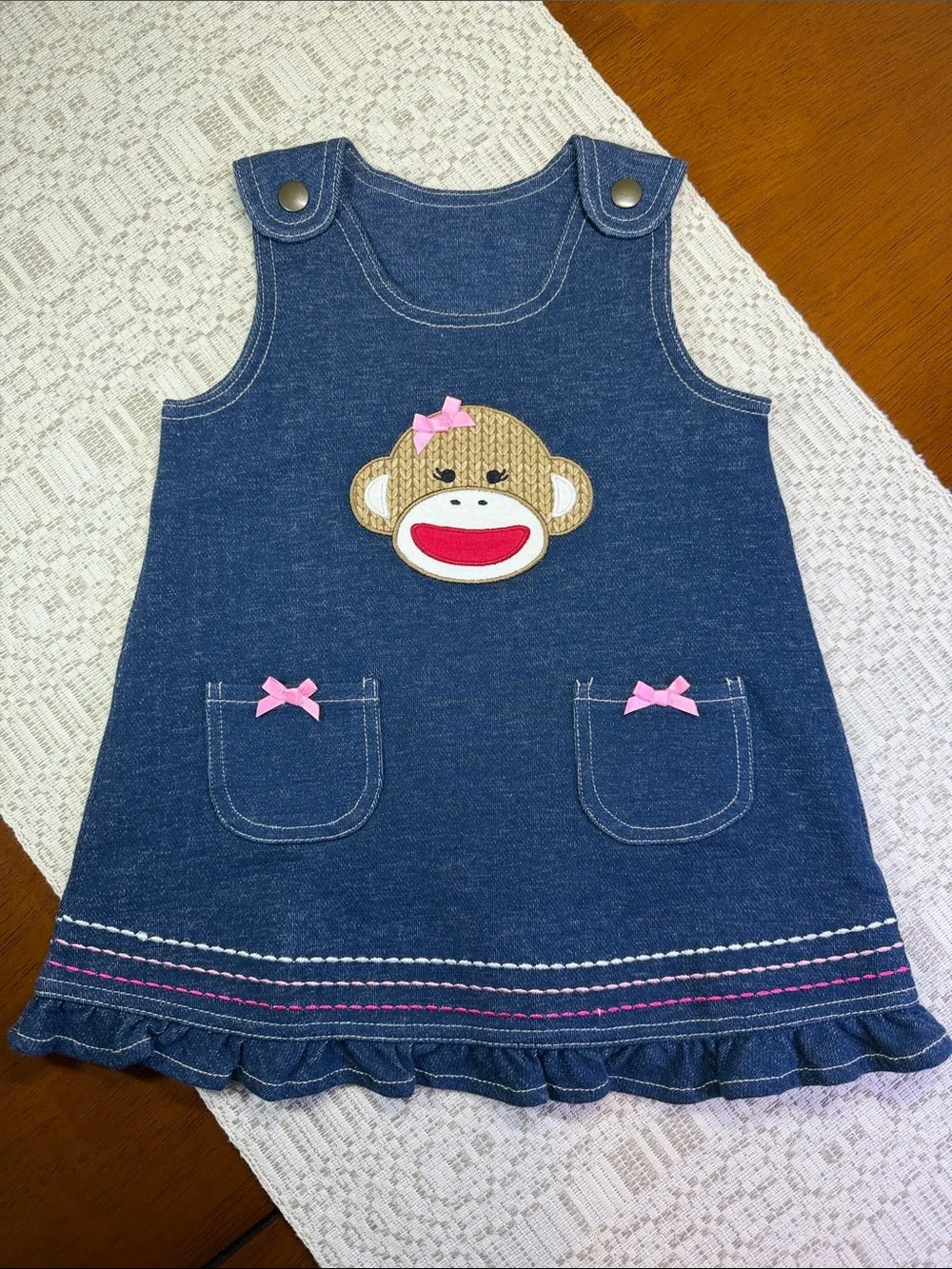 Sleeveless Girl's Dress with Sock Monkey Applique and Pink Accents